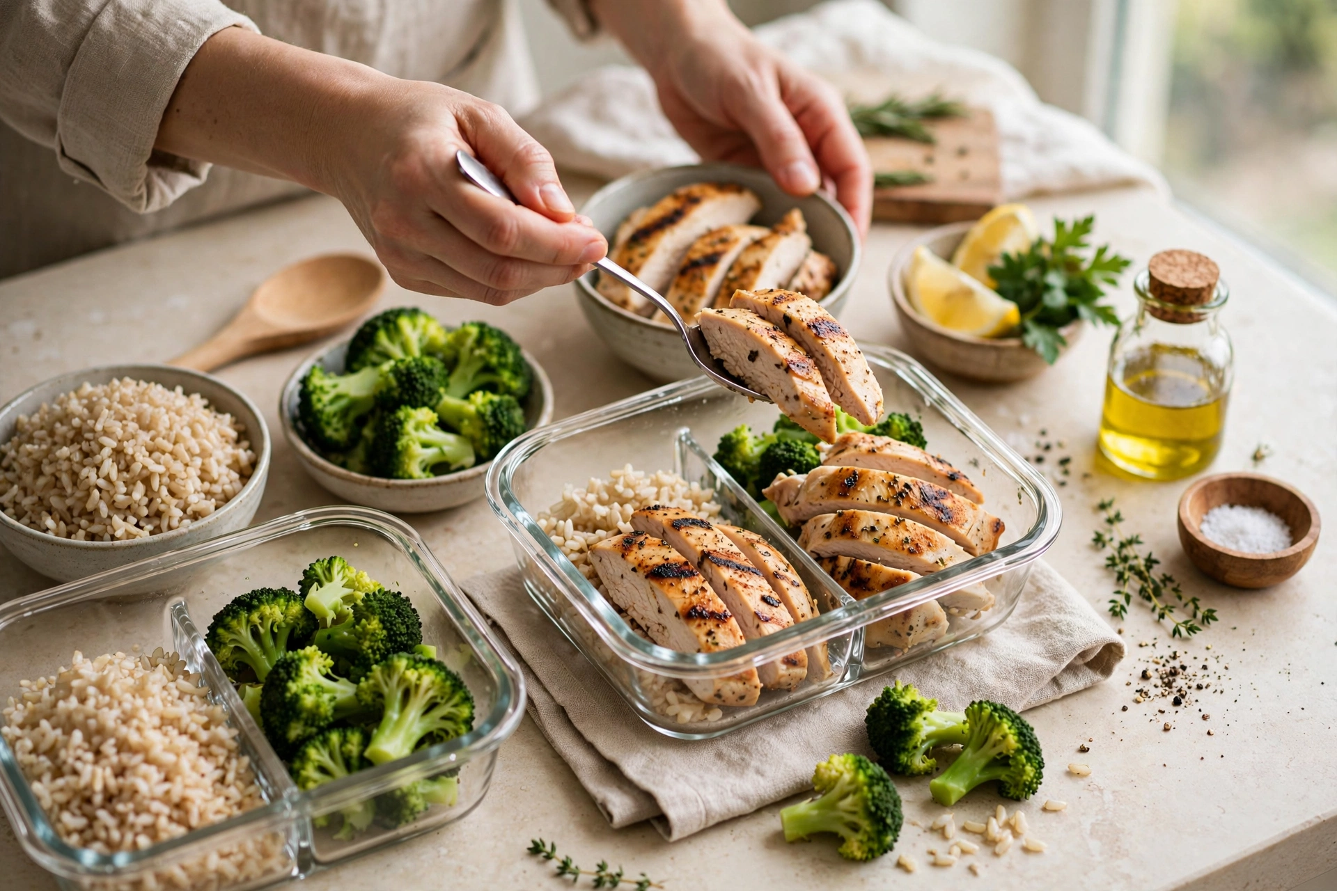 Portioning chicken, rice and vegetables into glass meal prep containers for high protein meal prep bowls
