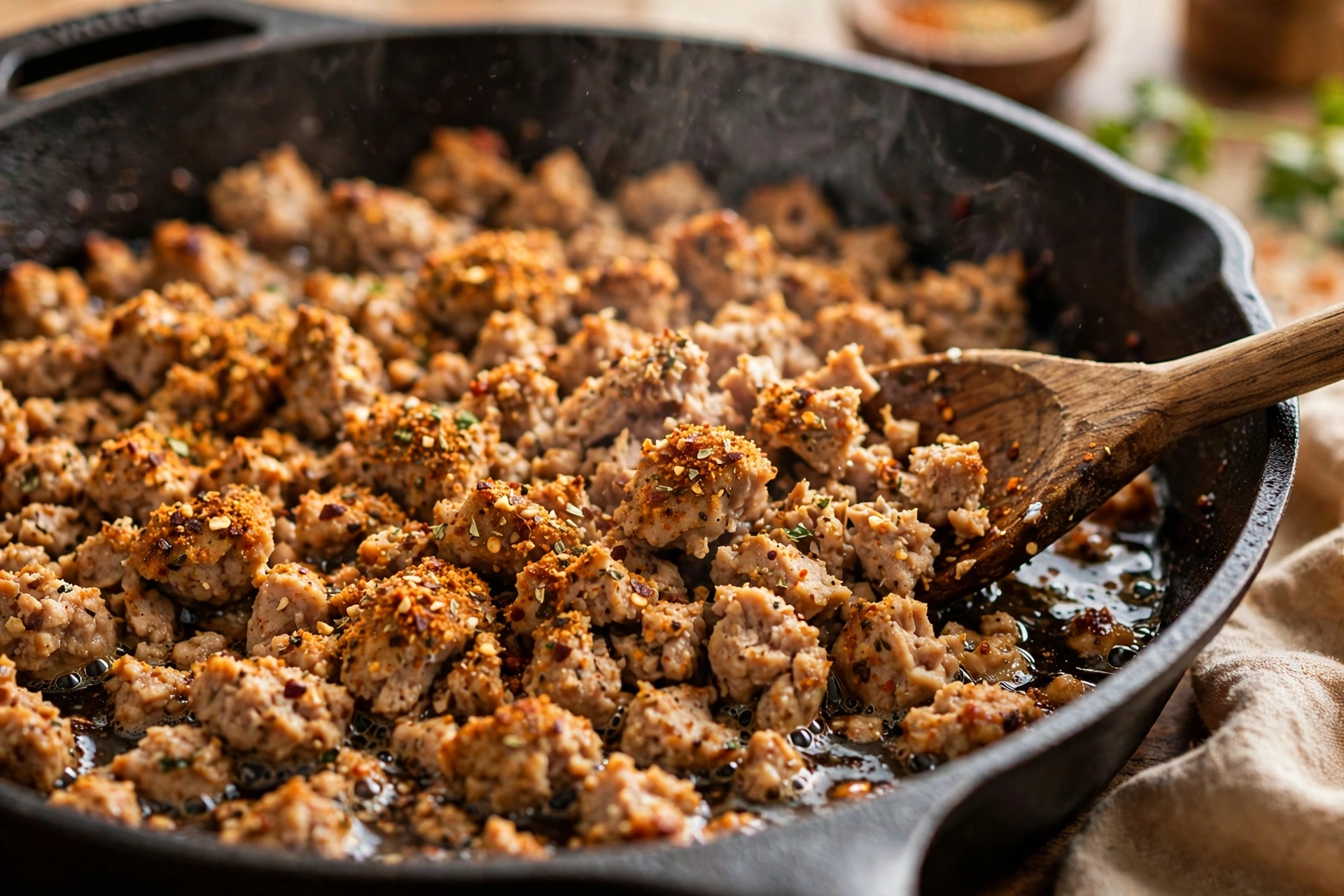 Ingredients for high protein turkey skillet including ground turkey, bell peppers, black beans, corn and taco seasoning