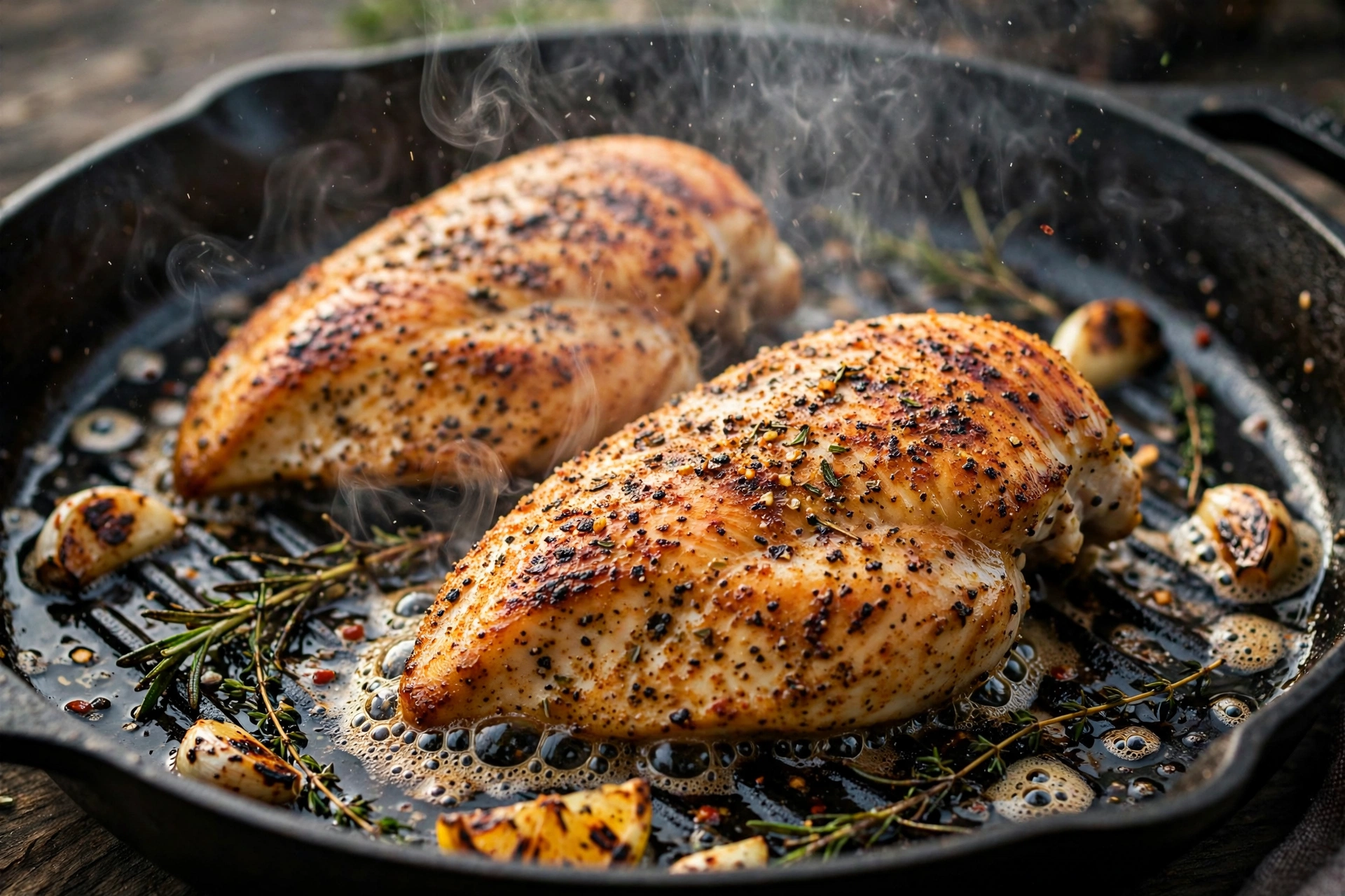 Chicken breasts searing in a hot grill pan for high protein chicken meal prep bowls