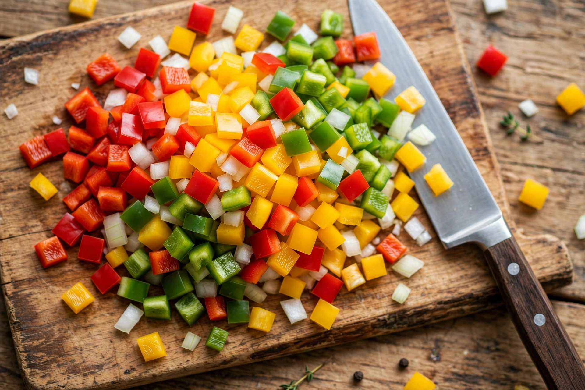 Diced bell peppers and onion on a cutting board for high protein turkey skillet