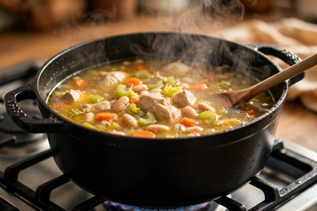 High protein soup simmering in a Dutch oven with shredded chicken and white beans