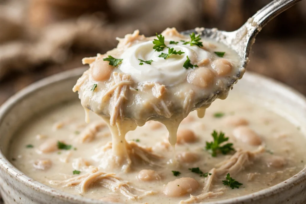 Spoon lifting creamy high protein chicken and white bean soup from a bowl