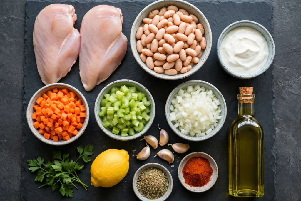 Ingredients for high protein soup: chicken breast, cannellini beans, carrots, celery, Greek yogurt and spices