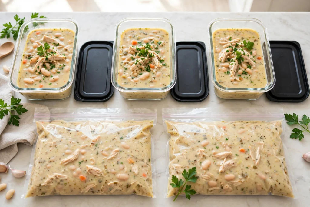 High protein soup portioned into glass meal prep containers for weekly lunches