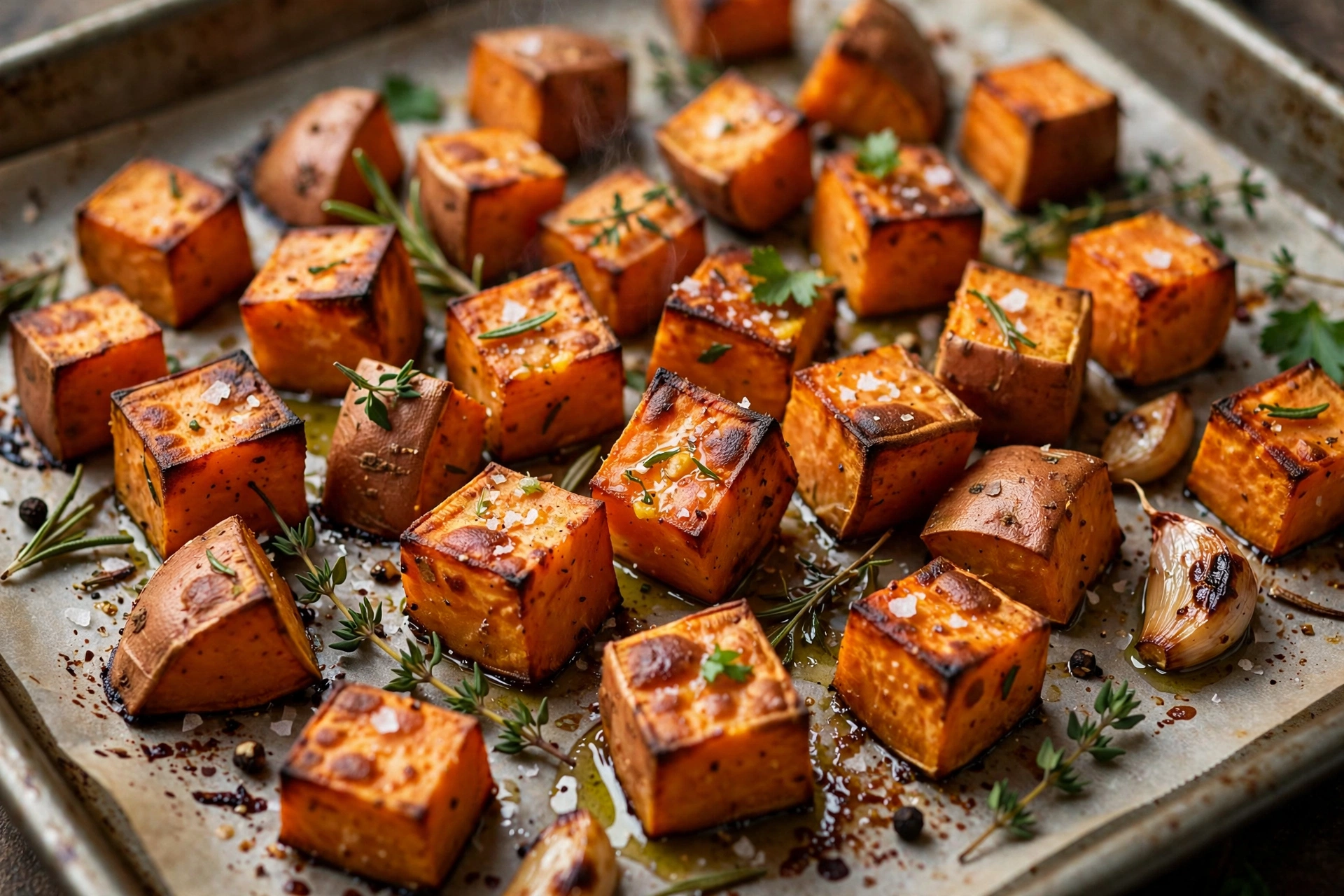 Cubed sweet potatoes roasting on a sheet pan for high protein chicken meal prep bowls
