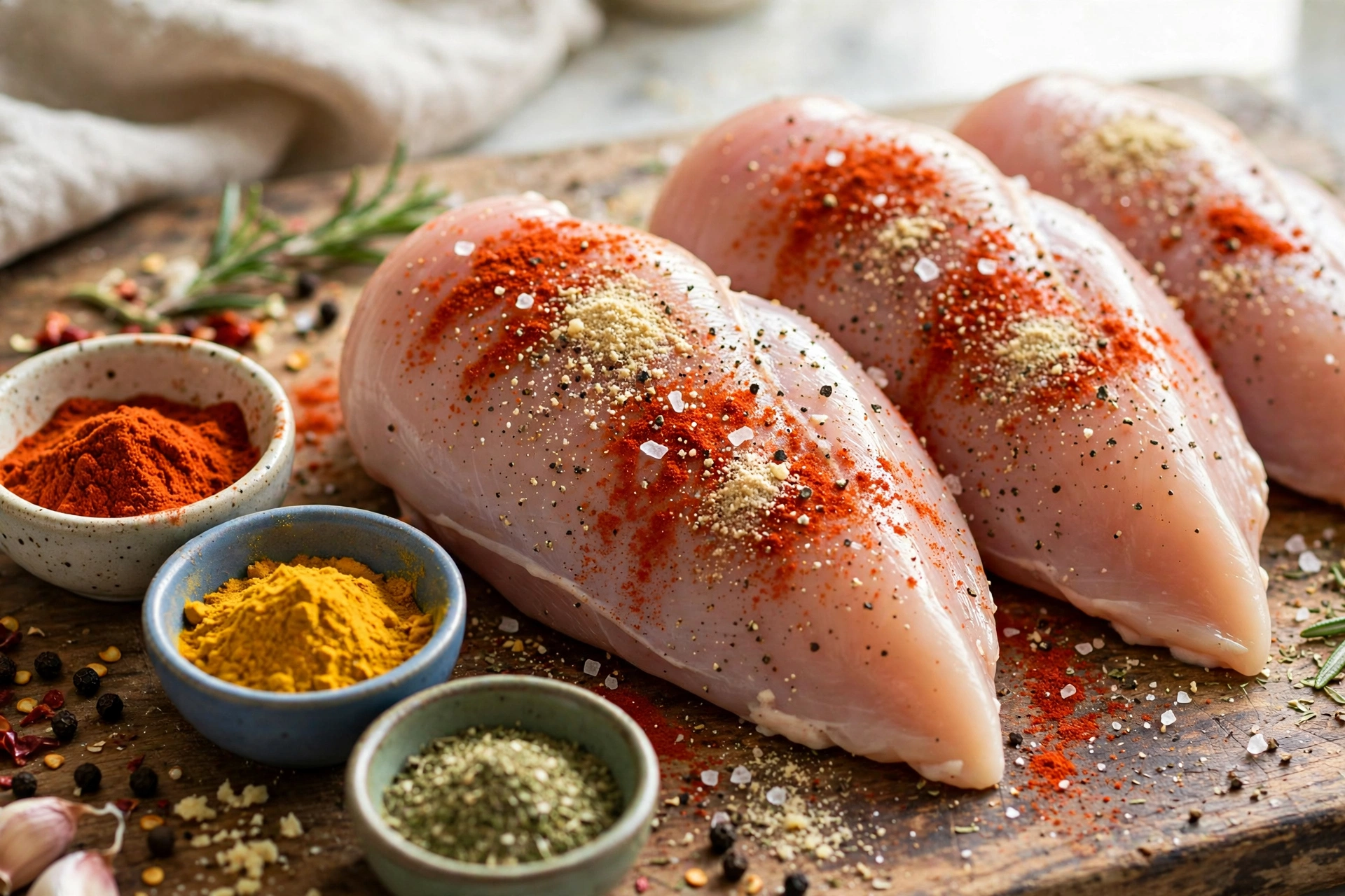 Raw chicken breasts seasoned with paprika and spices for high protein chicken meal prep bowls