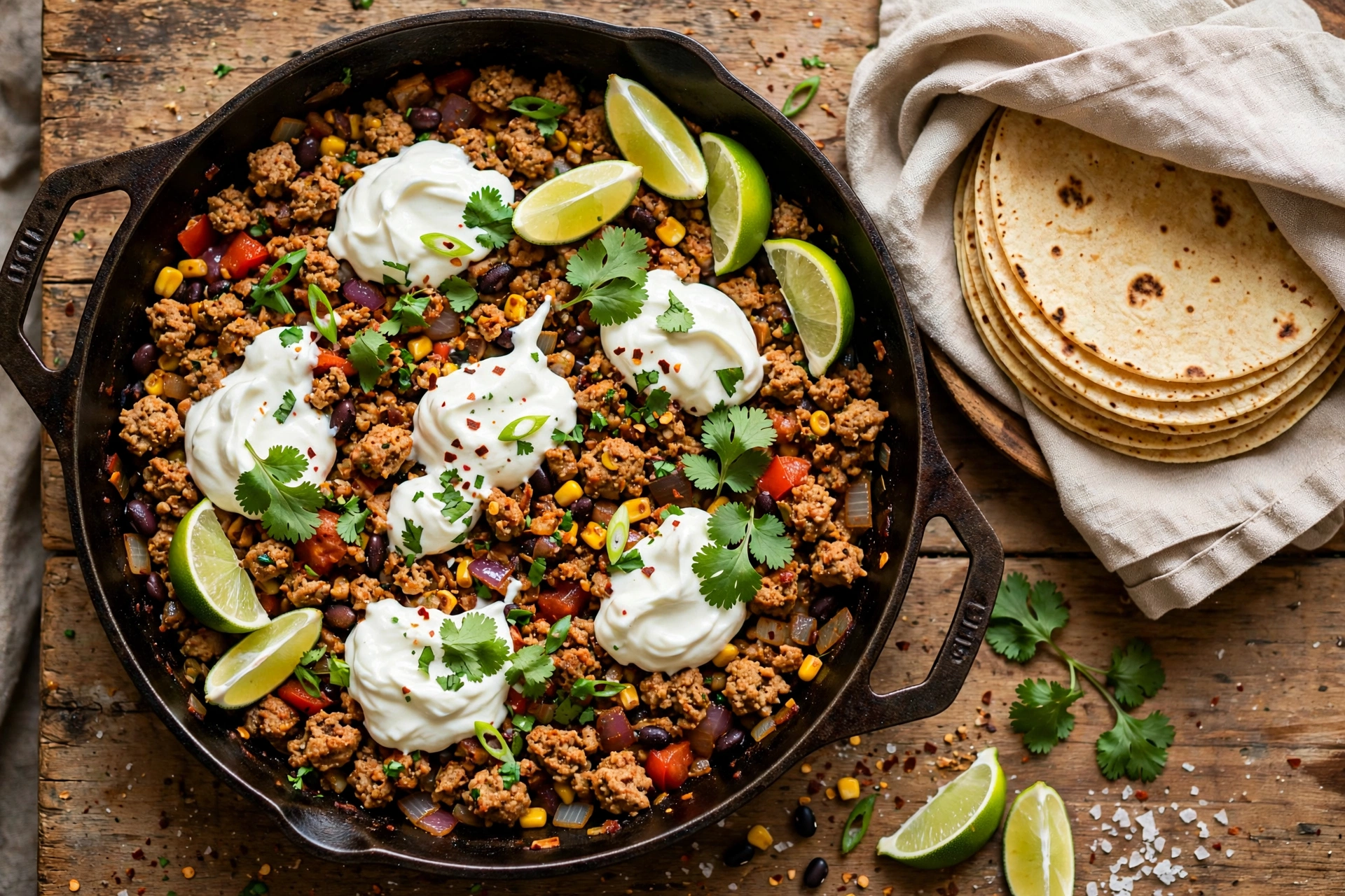 Meal prep containers filled with high protein turkey taco skillet portions