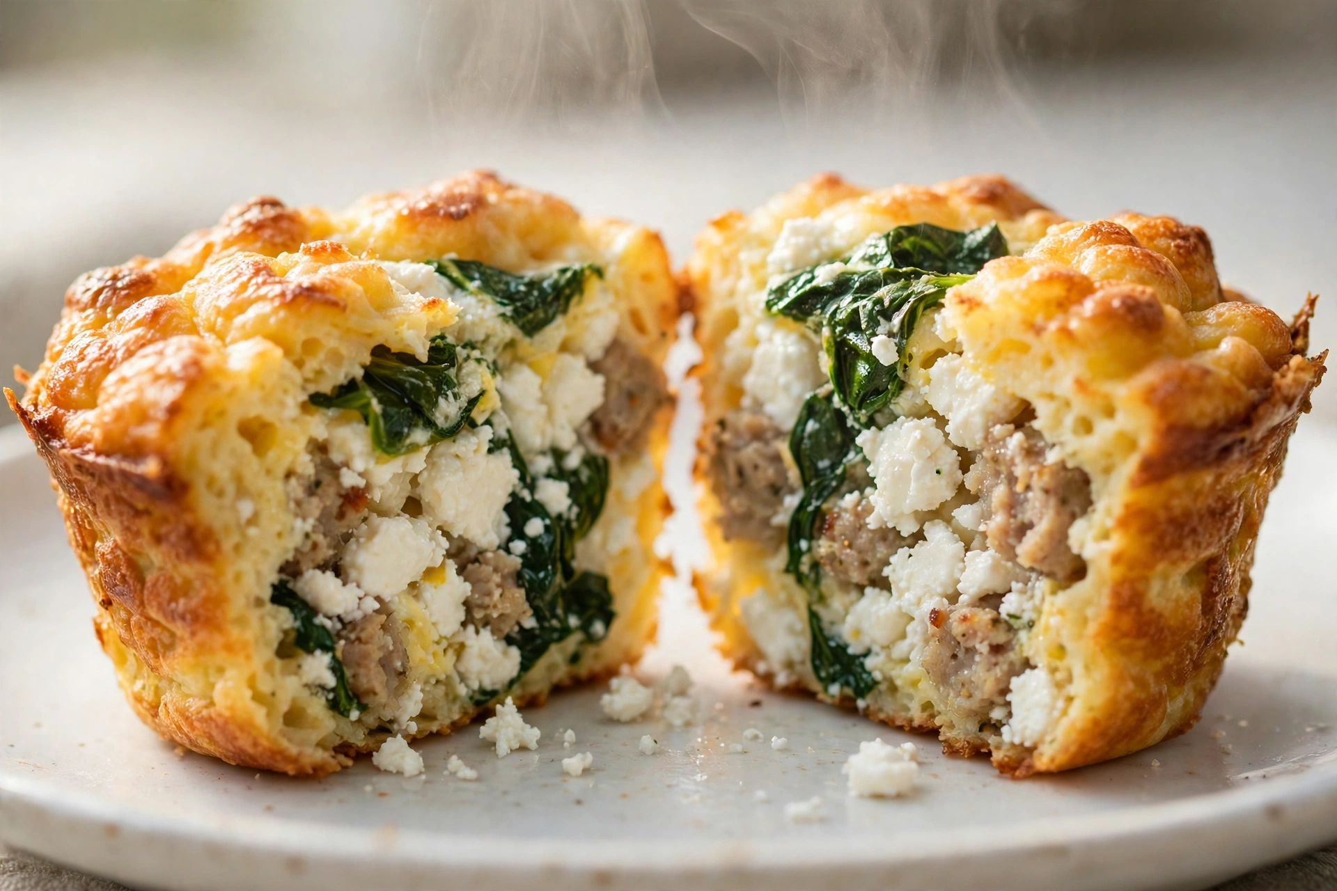 Close-up of a fluffy high protein egg muffin cut in half showing spinach and feta