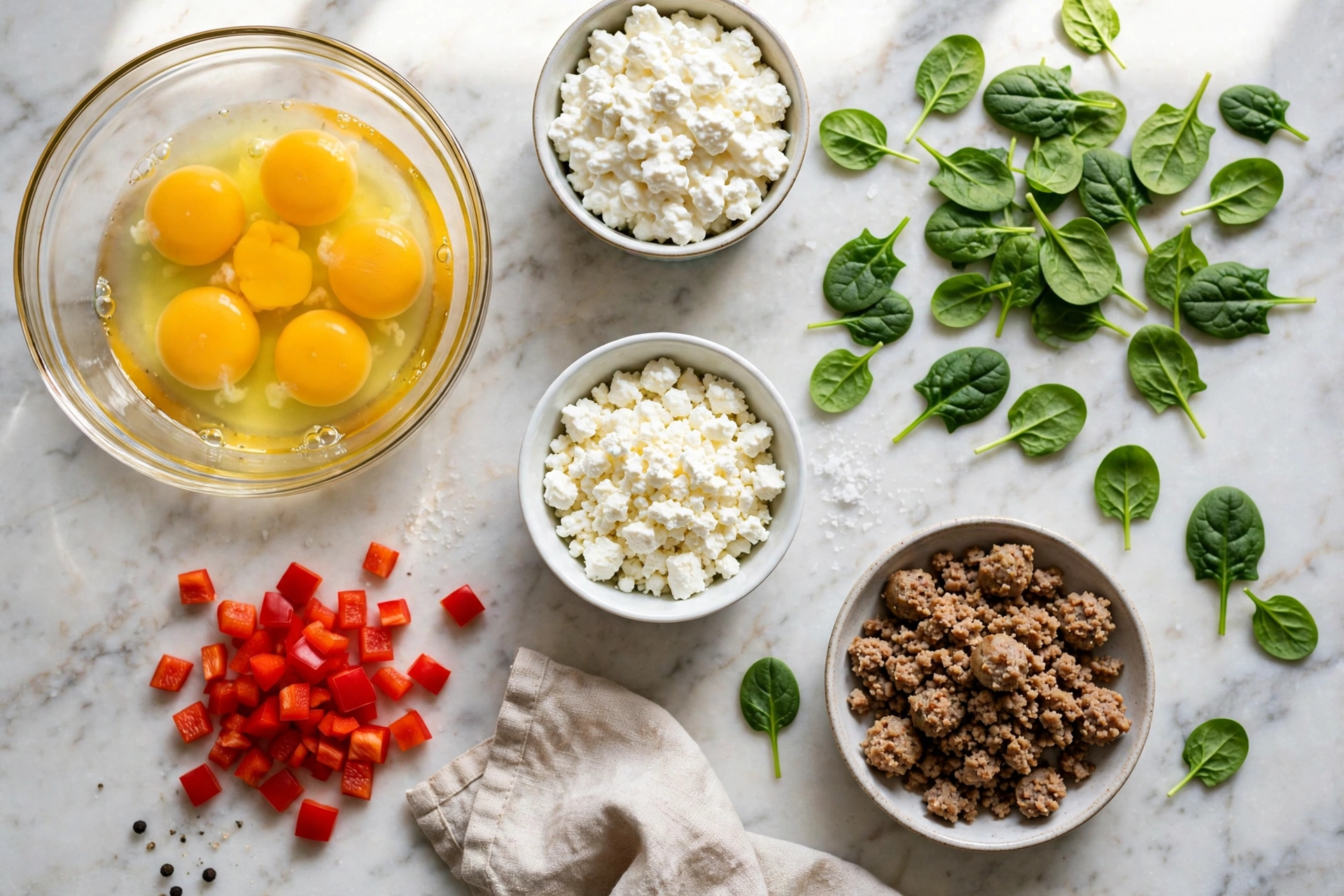 Ingredients for high protein egg muffins: eggs, cottage cheese, spinach, feta, turkey sausage, bell pepper