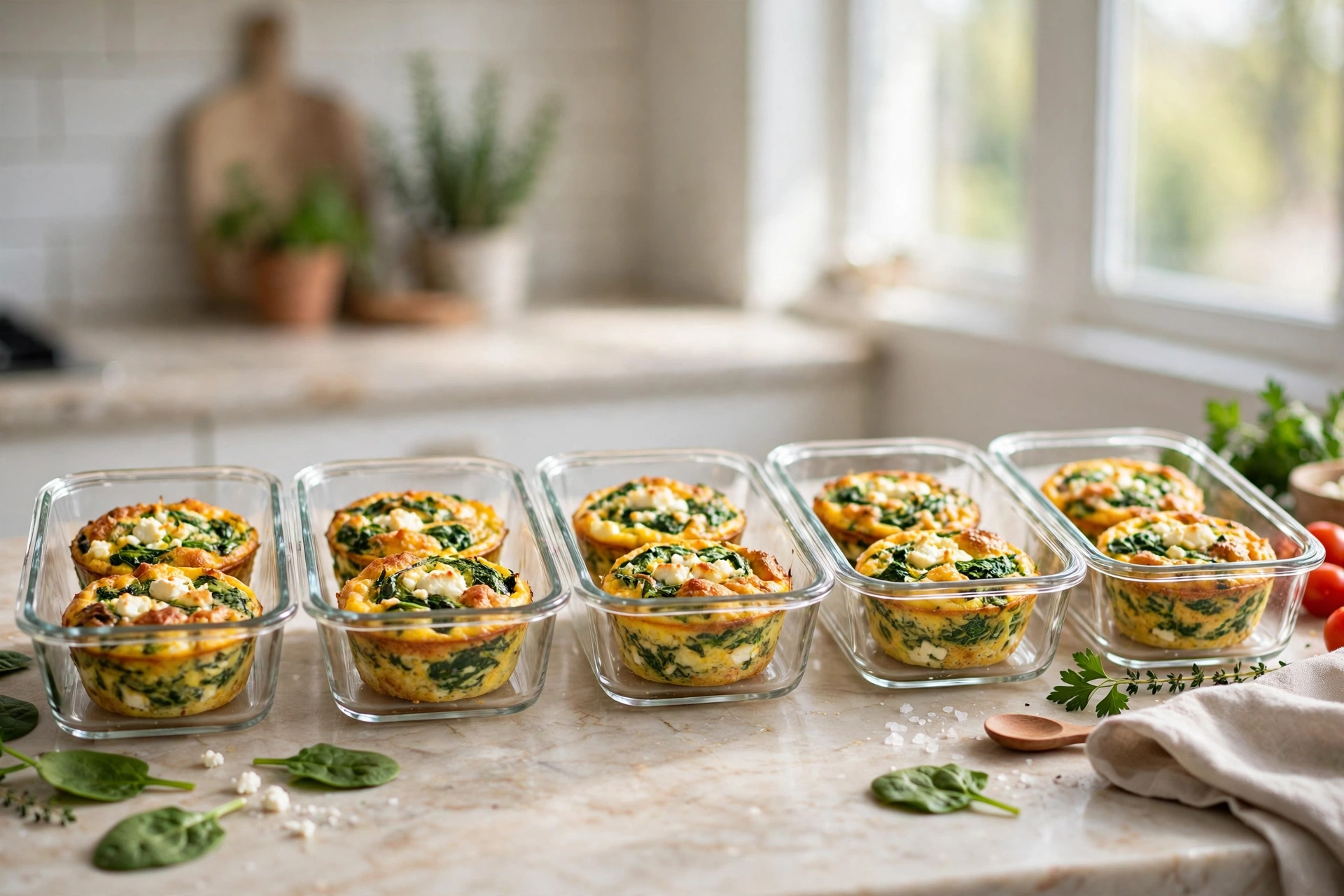 High protein egg muffins packed in weekly meal prep containers