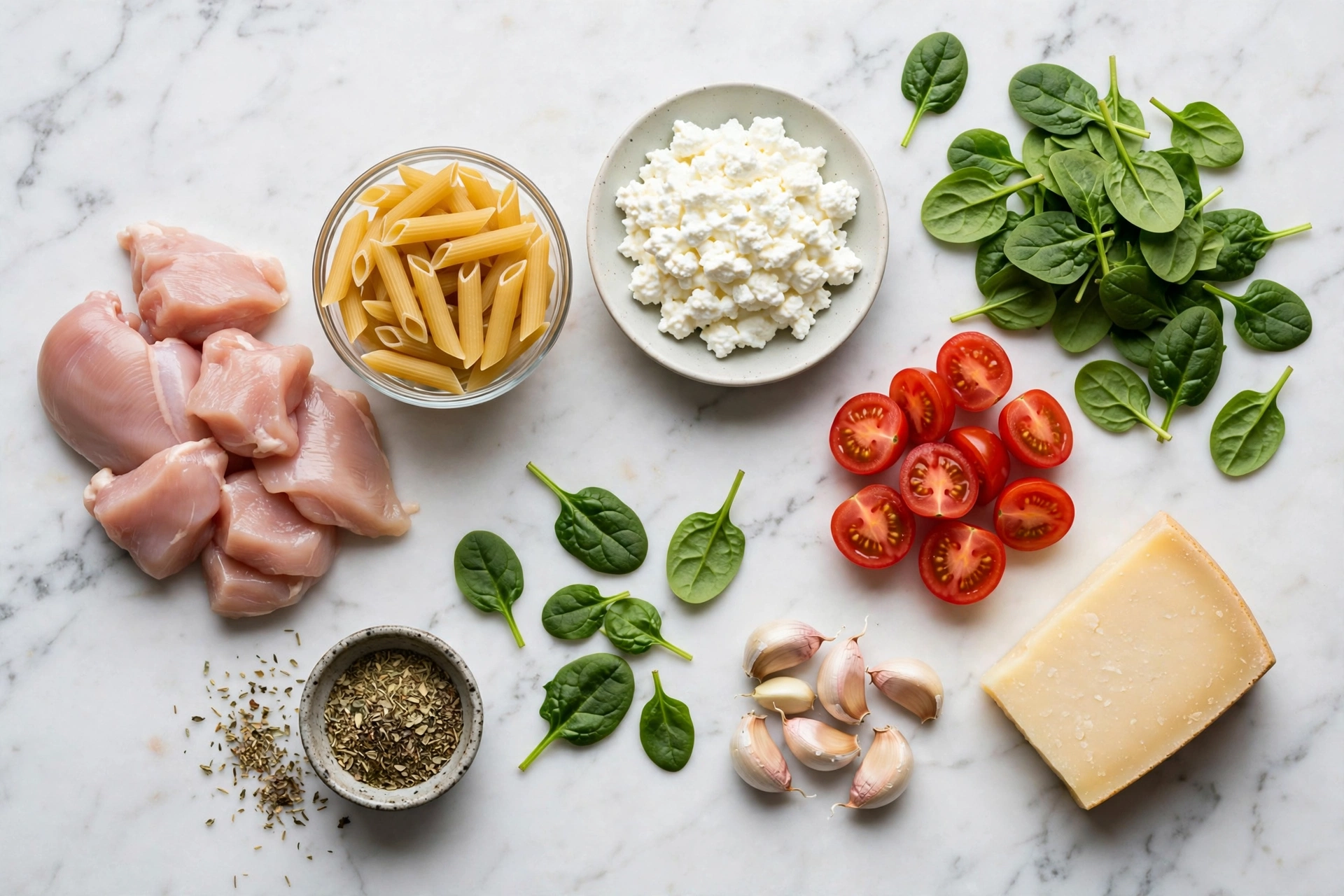 Ingredients for high protein chicken pasta: chicken breast, chickpea penne, cottage cheese, spinach, tomatoes and parmesan