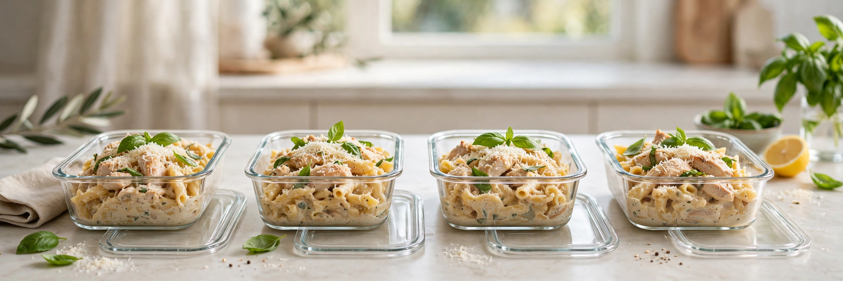 High protein chicken pasta portioned into glass meal prep containers