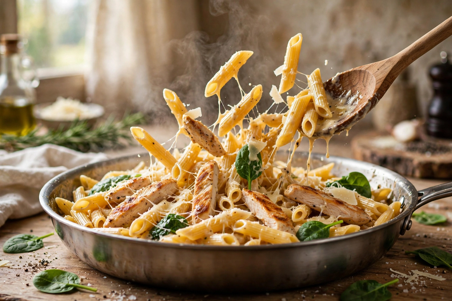 Penne tossed in creamy parmesan sauce with seared chicken and spinach