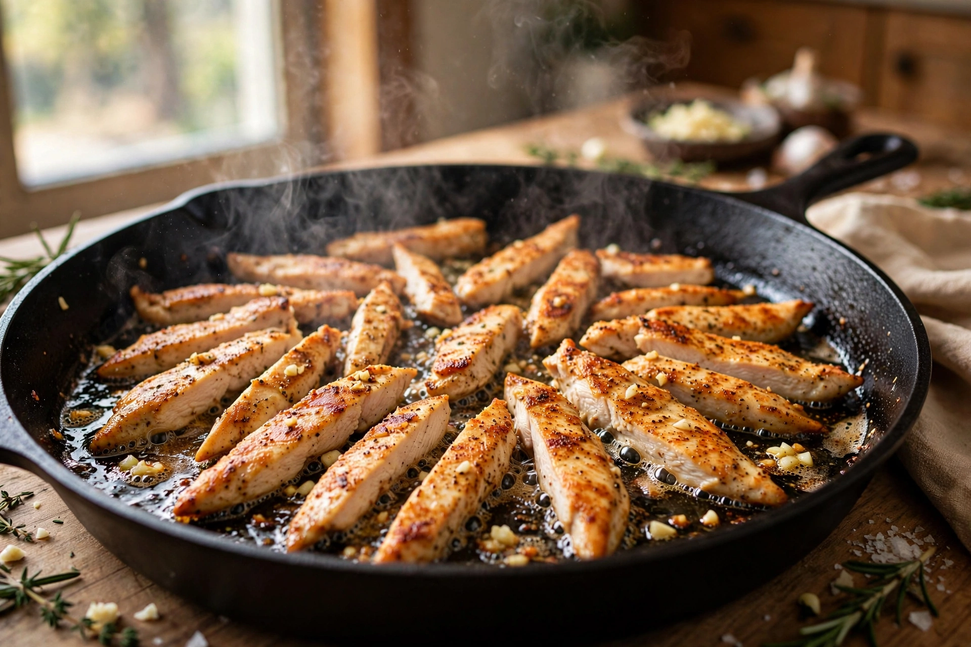Seasoned chicken breast strips searing in a skillet for high protein chicken pasta