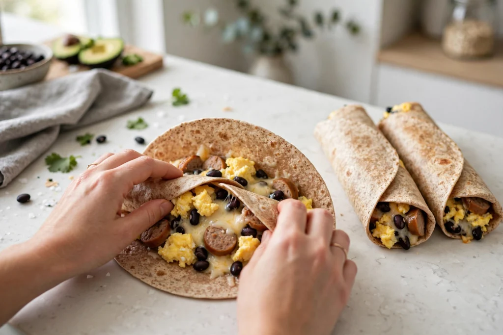 Rolling a high protein breakfast burrito with scrambled egg and sausage filling