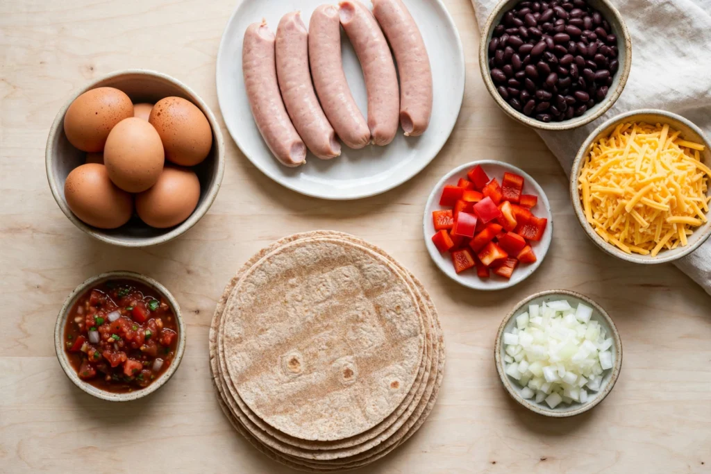 Ingredients for high protein breakfast burrito: eggs, turkey sausage, black beans, cheddar cheese and tortillas