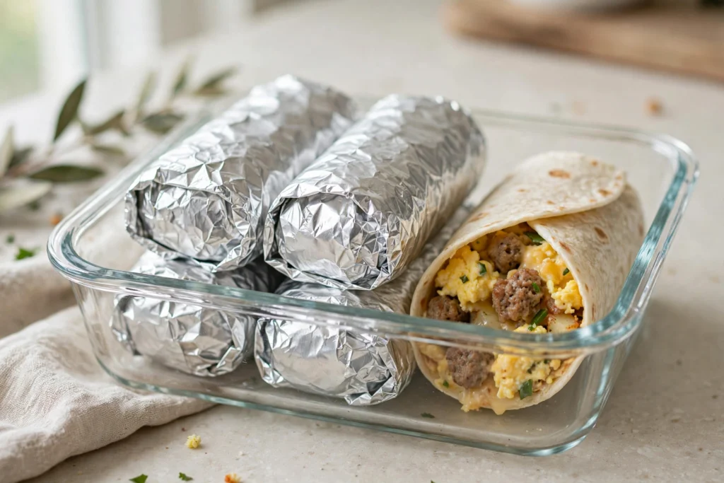 High protein breakfast burritos wrapped in foil stacked in meal prep containers