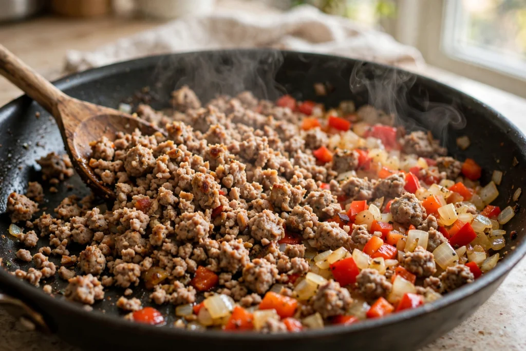 Browning lean turkey breakfast sausage in a skillet for high protein breakfast burritos
