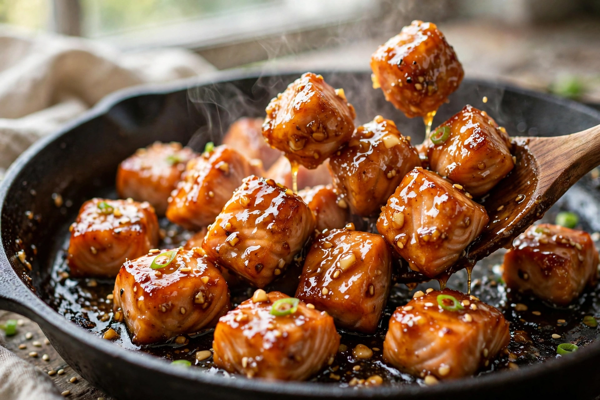 Honey-garlic glaze coating salmon bites in the skillet