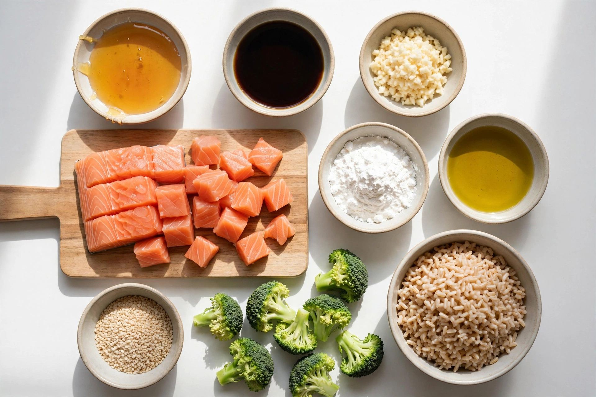 Ingredients for high protein salmon meal prep — salmon cubes, honey, soy sauce, garlic, rice, broccoli