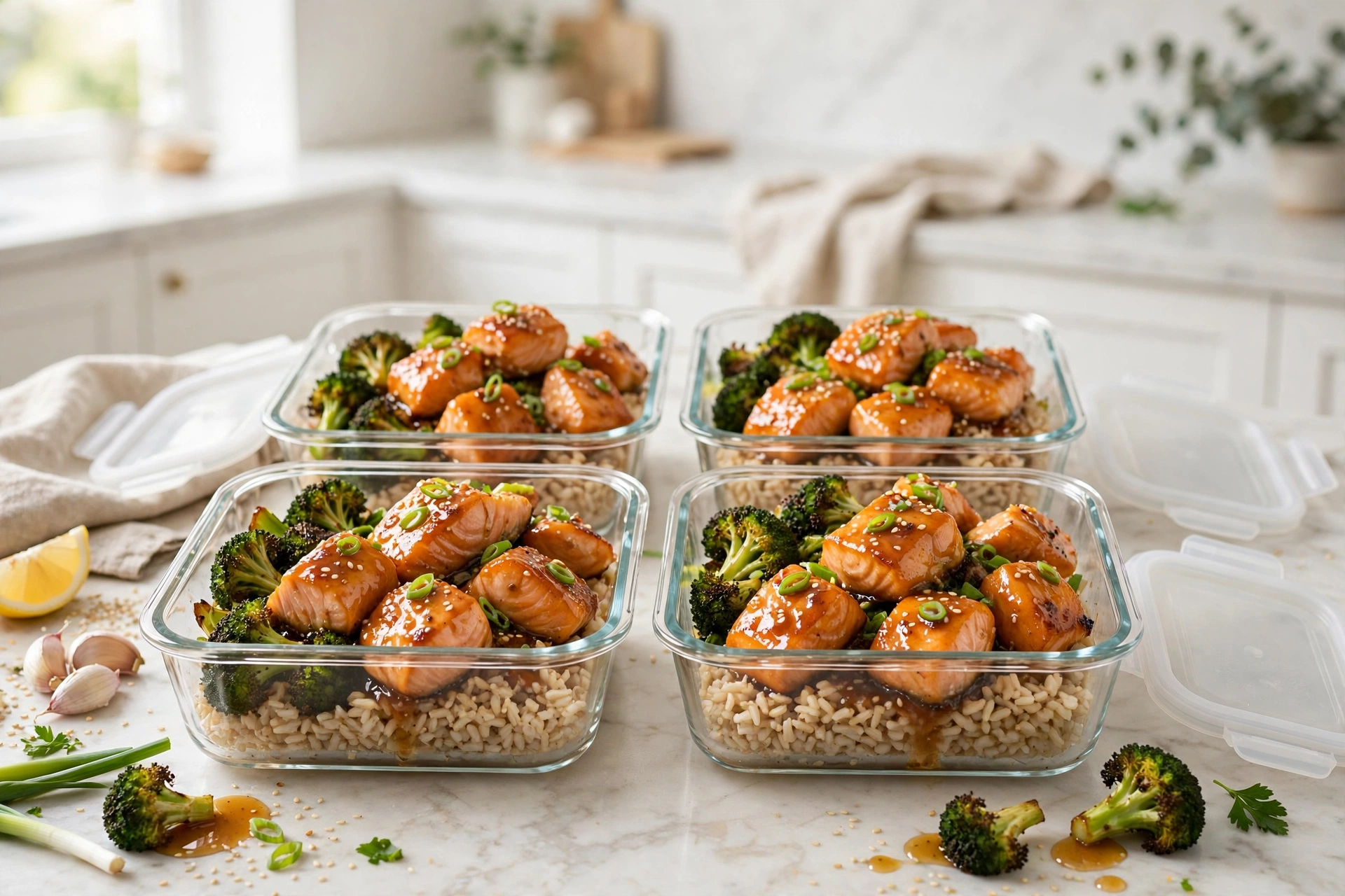 Four glass meal prep containers with high protein salmon bites, rice, and broccoli