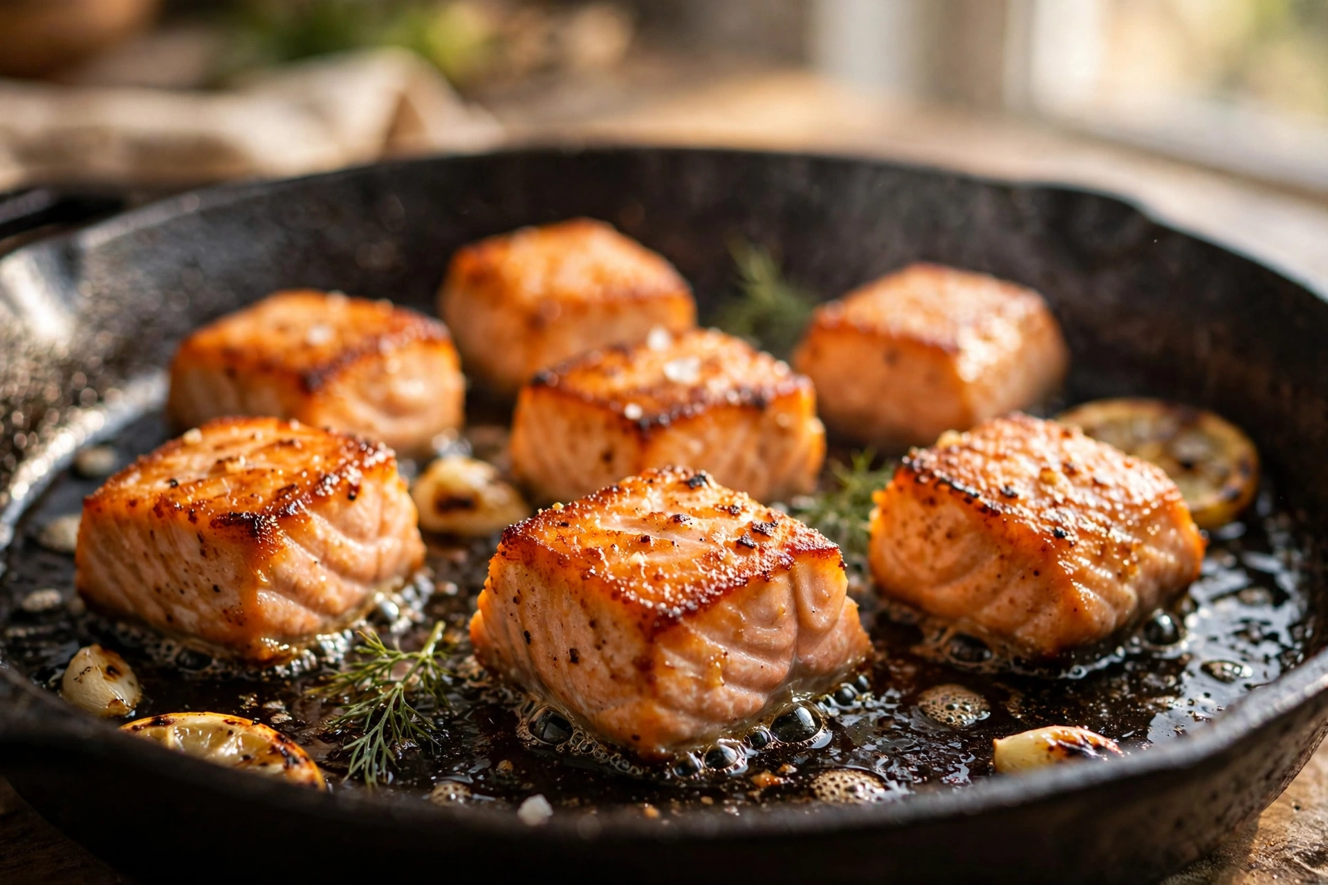 Salmon cubes searing in a hot skillet with golden crispy edges