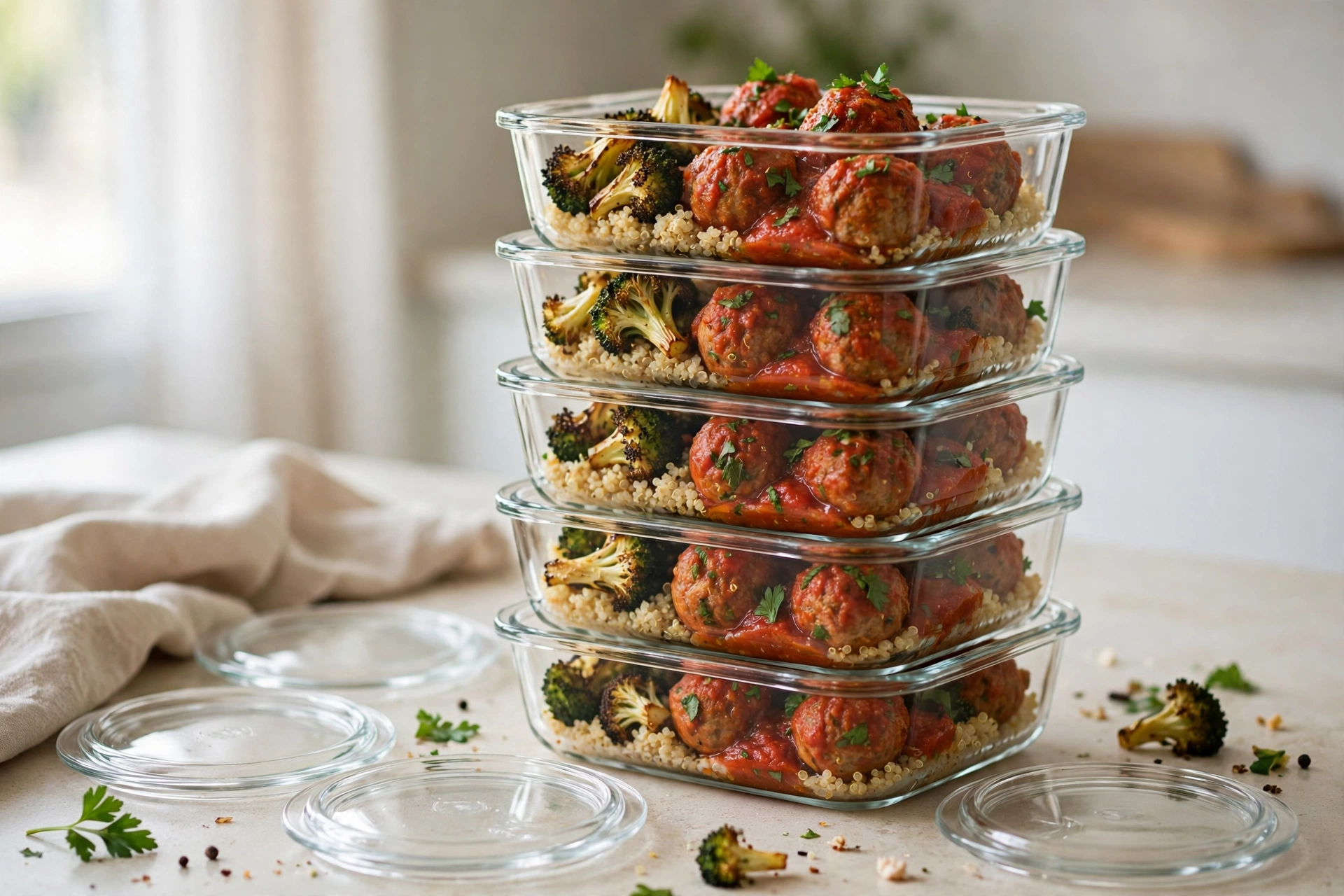stacked meal prep containers of high protein turkey meatballs meal prep bowls