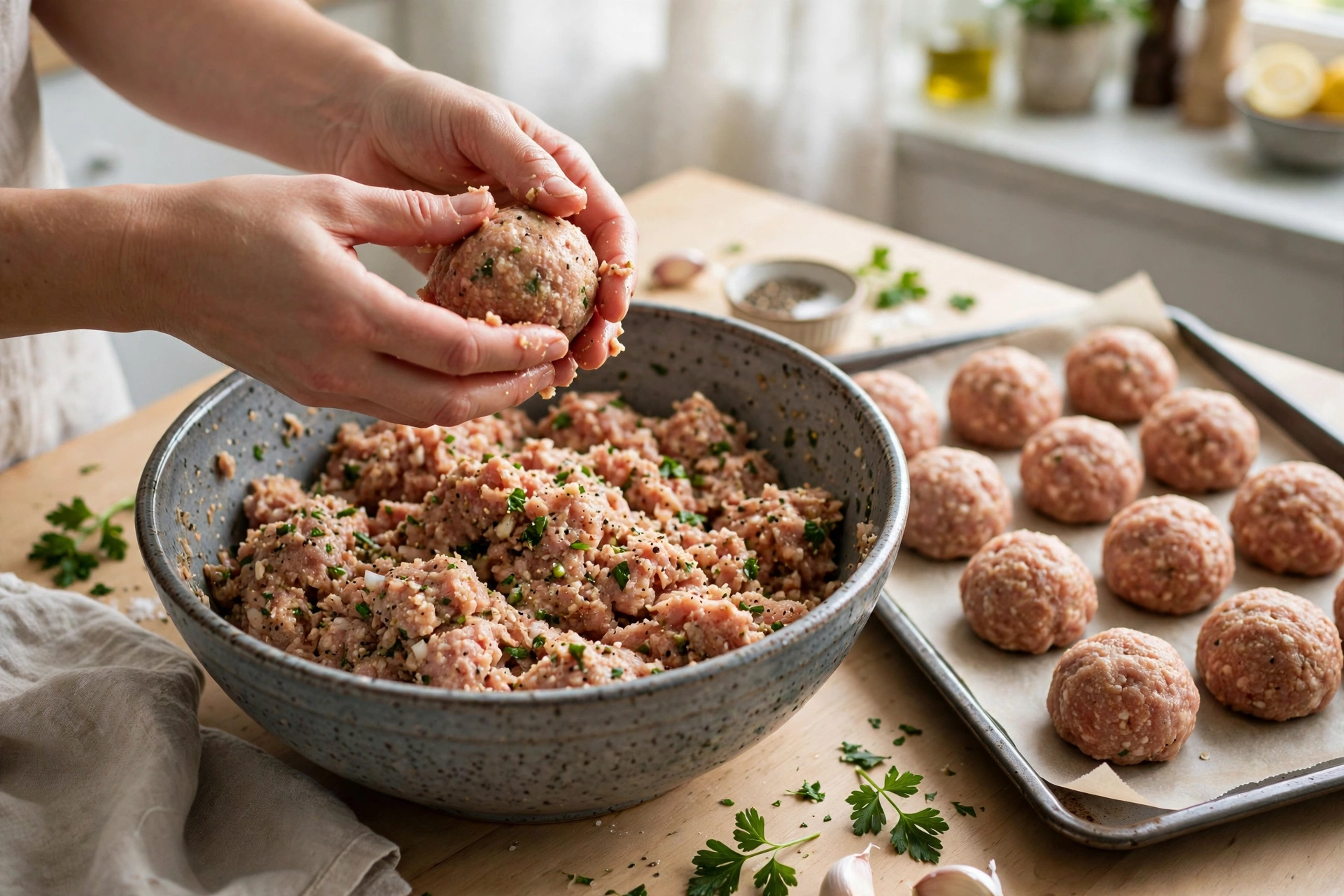 hands shaping turkey meatballs over a mixing bowl