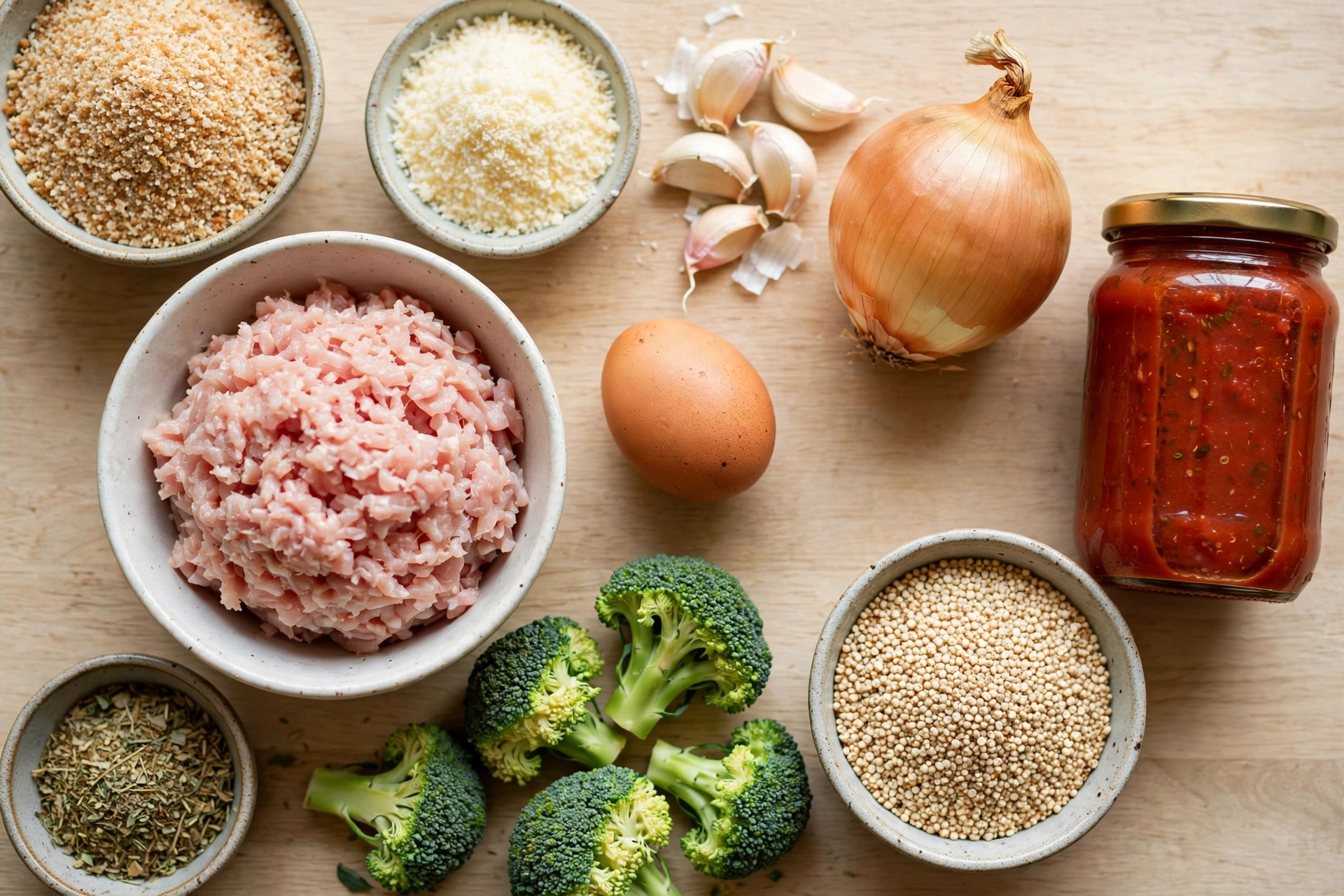 flatlay of ingredients for high protein turkey meatballs meal prep