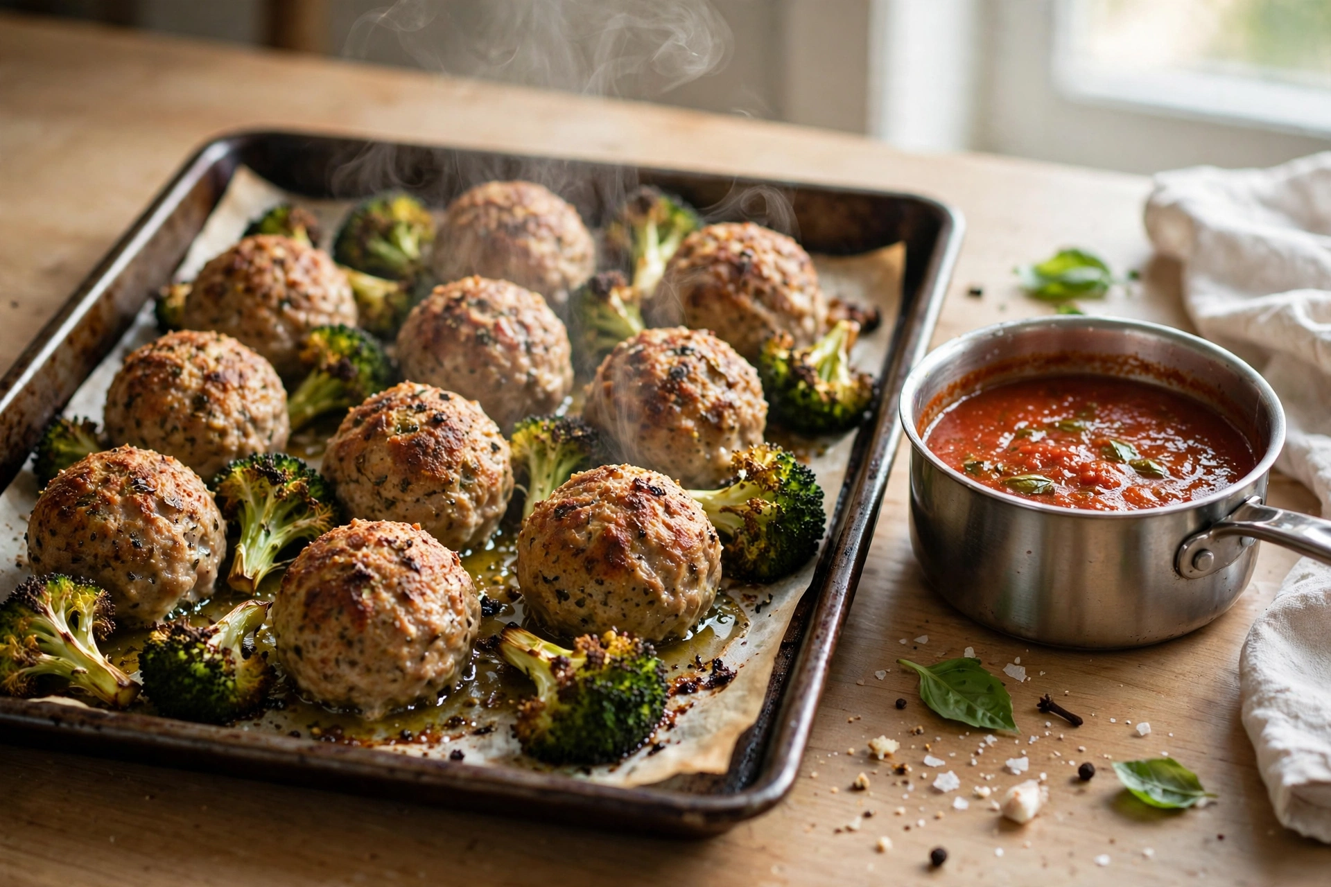 sheet pan of golden baked turkey meatballs with roasted broccoli