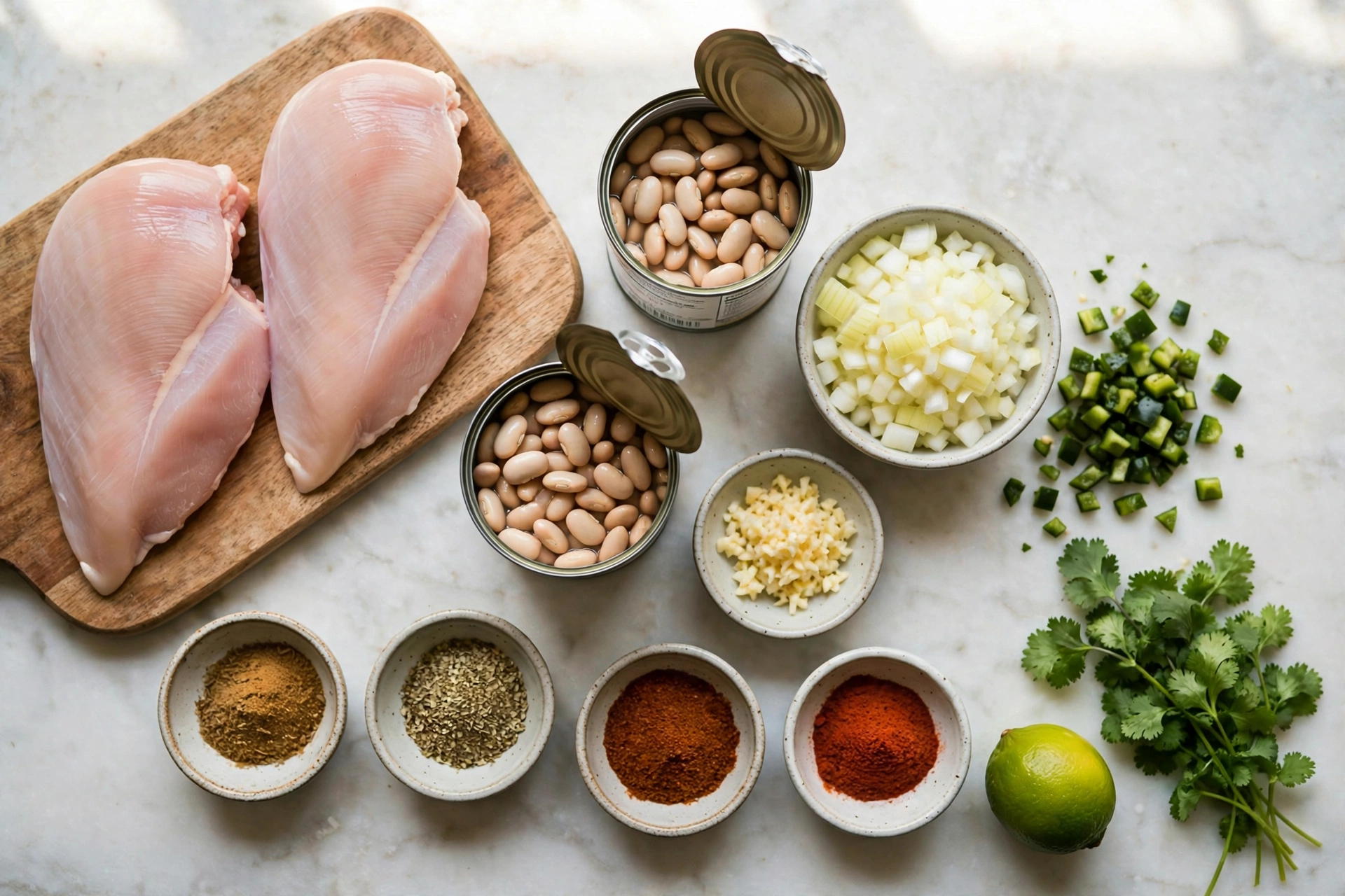 Ingredients for high protein white chicken chili arranged on a light countertop including chicken breast, white beans, onion, poblano pepper, garlic, and spices