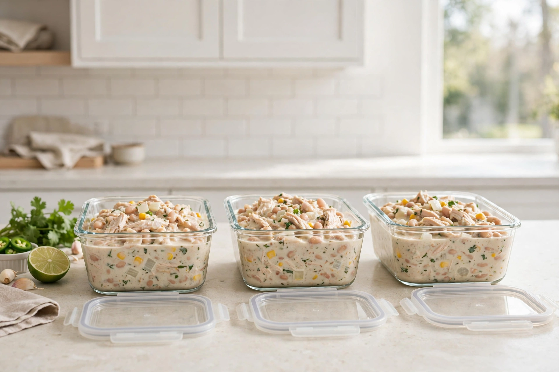 High protein white chicken chili portioned into glass meal prep containers ready for the week