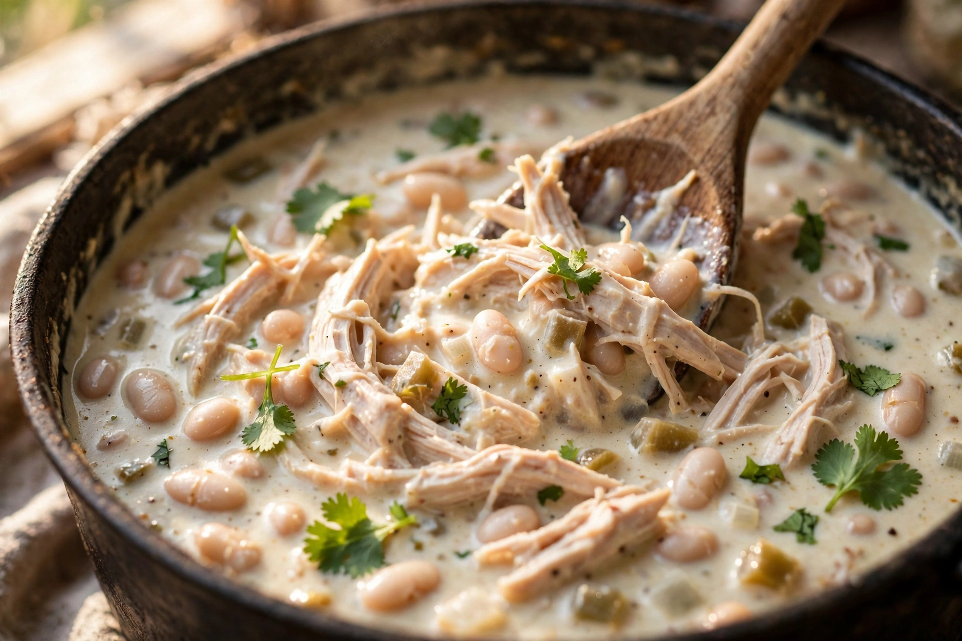 Tender shredded chicken being stirred into creamy high protein white chicken chili in a pot