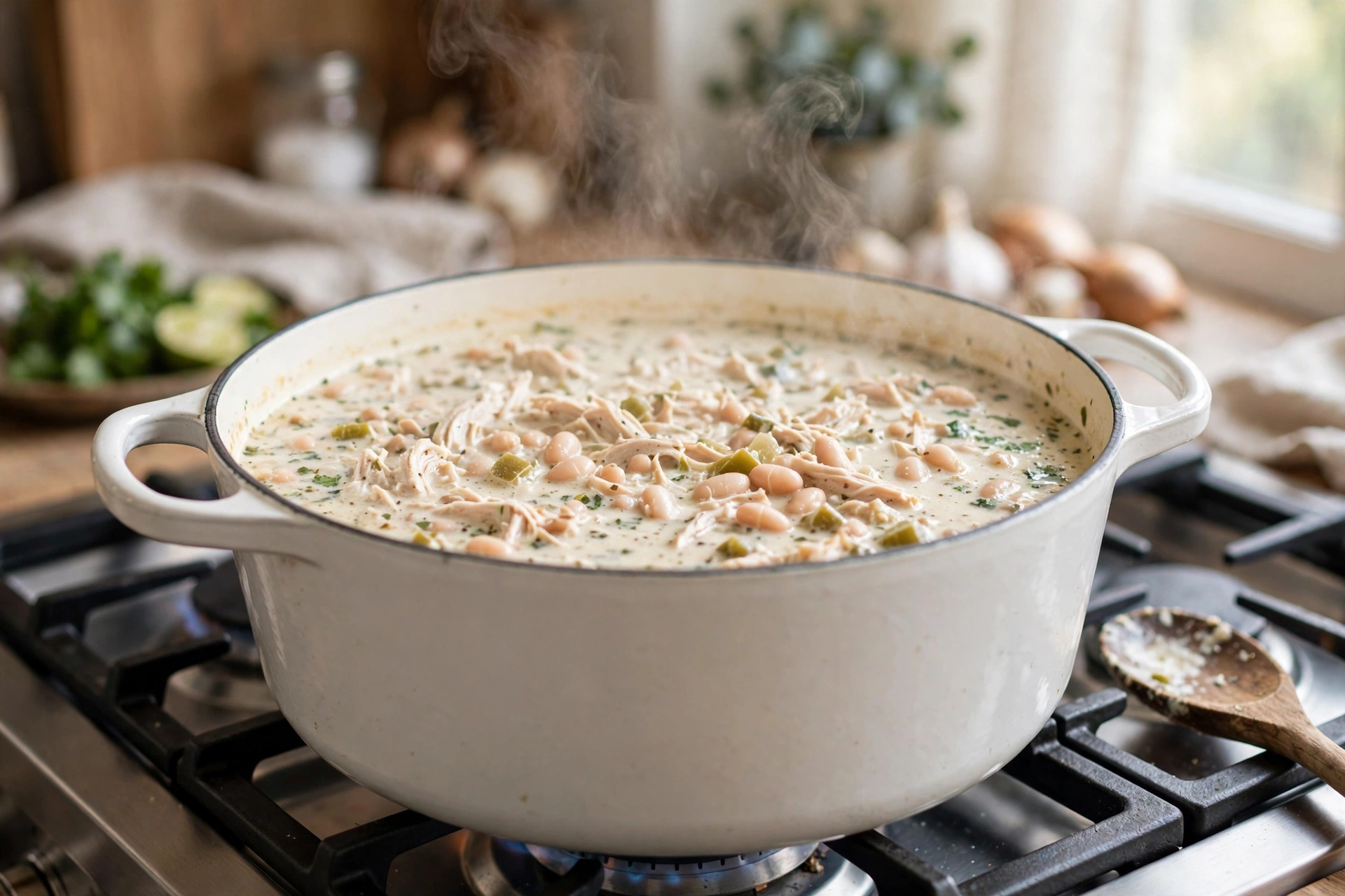 High protein white chicken chili simmering in a Dutch oven with tender shredded chicken and white beans